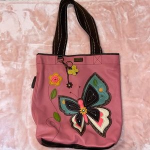 Chala Shoulder Tote Bag with Pink Butterfly Side Zip Pockets